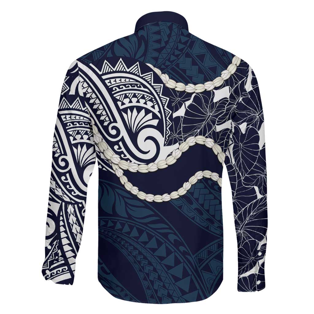 Aloha Hawaii Kalo Pikake Lei Family Matching Off The Shoulder Long Sleeve Dress and Hawaiian Shirt Chest Tattoo Oxford Blue Hawaiian Pattern LT14 - Polynesian Pride