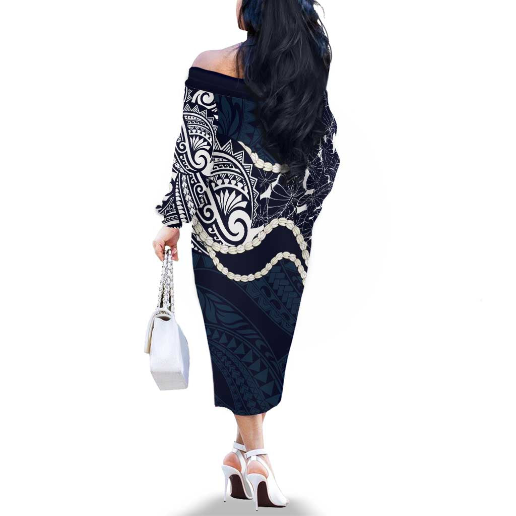 Aloha Hawaii Kalo Pikake Lei Family Matching Off The Shoulder Long Sleeve Dress and Hawaiian Shirt Chest Tattoo Oxford Blue Hawaiian Pattern LT14 - Polynesian Pride