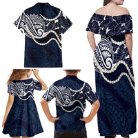 Aloha Hawaii Kalo Pikake Lei Family Matching Off Shoulder Maxi Dress and Hawaiian Shirt Chest Tattoo Oxford Blue Hawaiian Pattern LT14 - Polynesian Pride