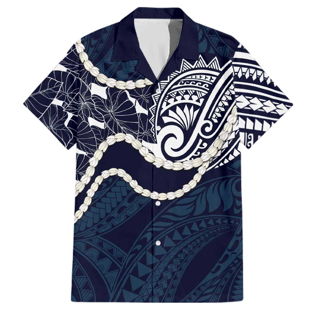 Aloha Hawaii Kalo Pikake Lei Family Matching Off Shoulder Maxi Dress and Hawaiian Shirt Chest Tattoo Oxford Blue Hawaiian Pattern LT14 Dad's Shirt - Short Sleeve Oxford Blue - Polynesian Pride
