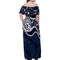 Aloha Hawaii Kalo Pikake Lei Family Matching Off Shoulder Maxi Dress and Hawaiian Shirt Chest Tattoo Oxford Blue Hawaiian Pattern LT14 - Polynesian Pride