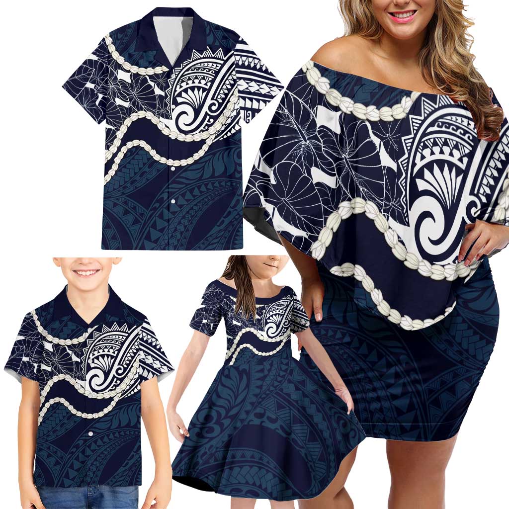 Aloha Hawaii Kalo Pikake Lei Family Matching Off Shoulder Short Dress and Hawaiian Shirt Chest Tattoo Oxford Blue Hawaiian Pattern LT14 - Polynesian Pride