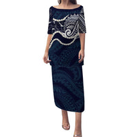 Aloha Hawaii Kalo Pikake Lei Family Matching Puletasi and Hawaiian Shirt Chest Tattoo Oxford Blue Hawaiian Pattern LT14 Mom's Dress Oxford Blue - Polynesian Pride