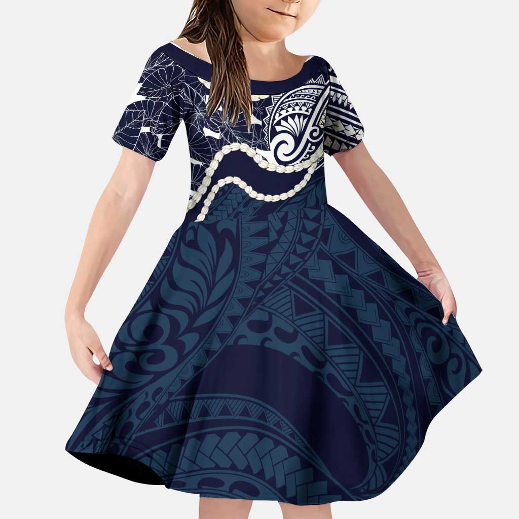 Aloha Hawaii Kalo Pikake Lei Family Matching Summer Maxi Dress and Hawaiian Shirt Chest Tattoo Oxford Blue Hawaiian Pattern LT14 Daughter's Dress Oxford Blue - Polynesian Pride