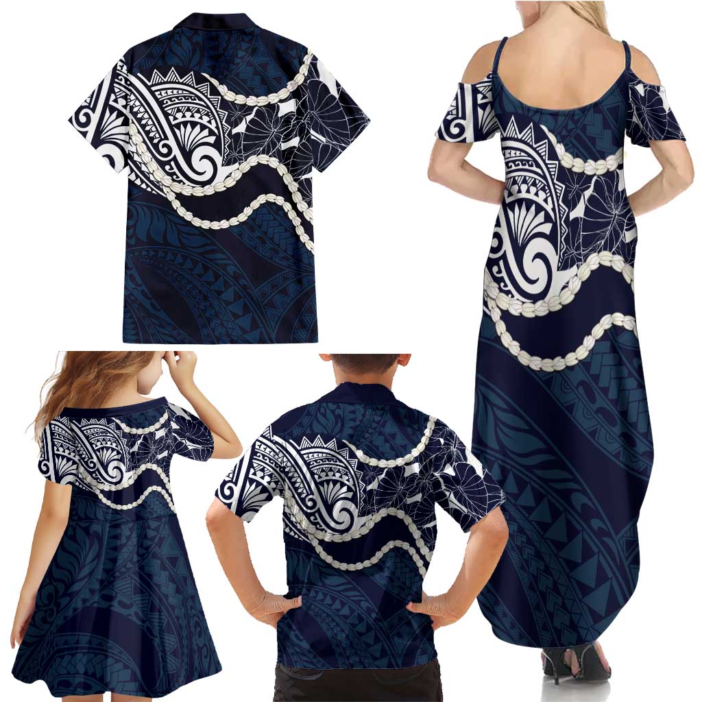 Aloha Hawaii Kalo Pikake Lei Family Matching Summer Maxi Dress and Hawaiian Shirt Chest Tattoo Oxford Blue Hawaiian Pattern LT14 - Polynesian Pride