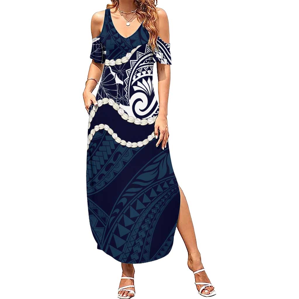 Aloha Hawaii Kalo Pikake Lei Family Matching Summer Maxi Dress and Hawaiian Shirt Chest Tattoo Oxford Blue Hawaiian Pattern LT14 Mom's Dress Oxford Blue - Polynesian Pride
