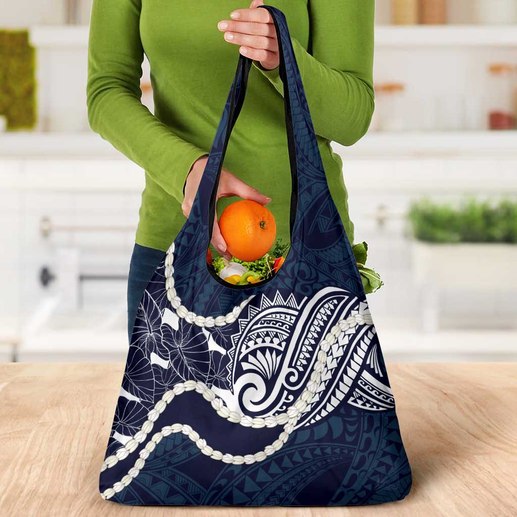 Aloha Hawaii Kalo Pikake Lei Grocery Bag Chest Tattoo Oxford Blue Hawaiian Pattern