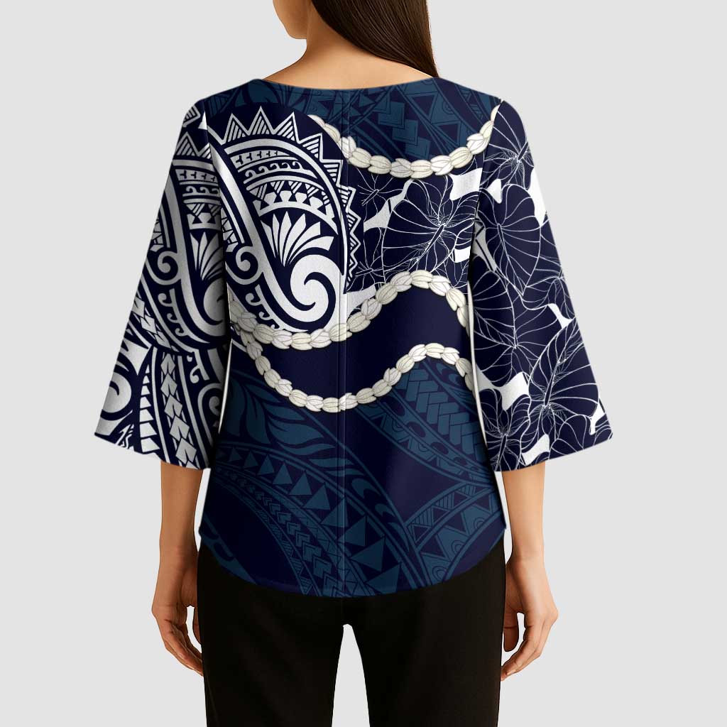 Aloha Hawaii Kalo Pikake Lei Kimono Sleeve Blouse Chest Tattoo Oxford Blue Hawaiian Pattern