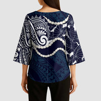 Aloha Hawaii Kalo Pikake Lei Kimono Sleeve Blouse Chest Tattoo Oxford Blue Hawaiian Pattern