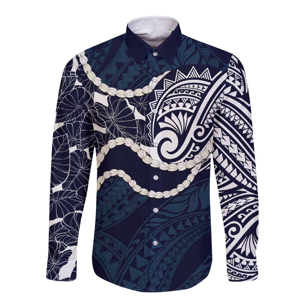Aloha Hawaii Kalo Pikake Lei Long Sleeve Button Shirt Chest Tattoo Oxford Blue Hawaiian Pattern