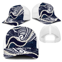 Aloha Hawaii Kalo Pikake Lei Mesh Trucker Cap Chest Tattoo Oxford Blue Hawaiian Pattern