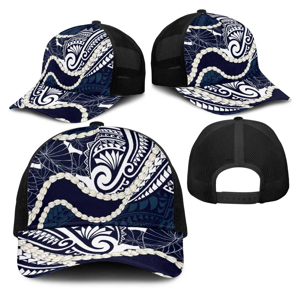 Aloha Hawaii Kalo Pikake Lei Mesh Trucker Cap Chest Tattoo Oxford Blue Hawaiian Pattern