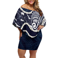 Aloha Hawaii Kalo Pikake Lei Off Shoulder Short Dress Chest Tattoo Oxford Blue Hawaiian Pattern