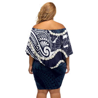 Aloha Hawaii Kalo Pikake Lei Off Shoulder Short Dress Chest Tattoo Oxford Blue Hawaiian Pattern