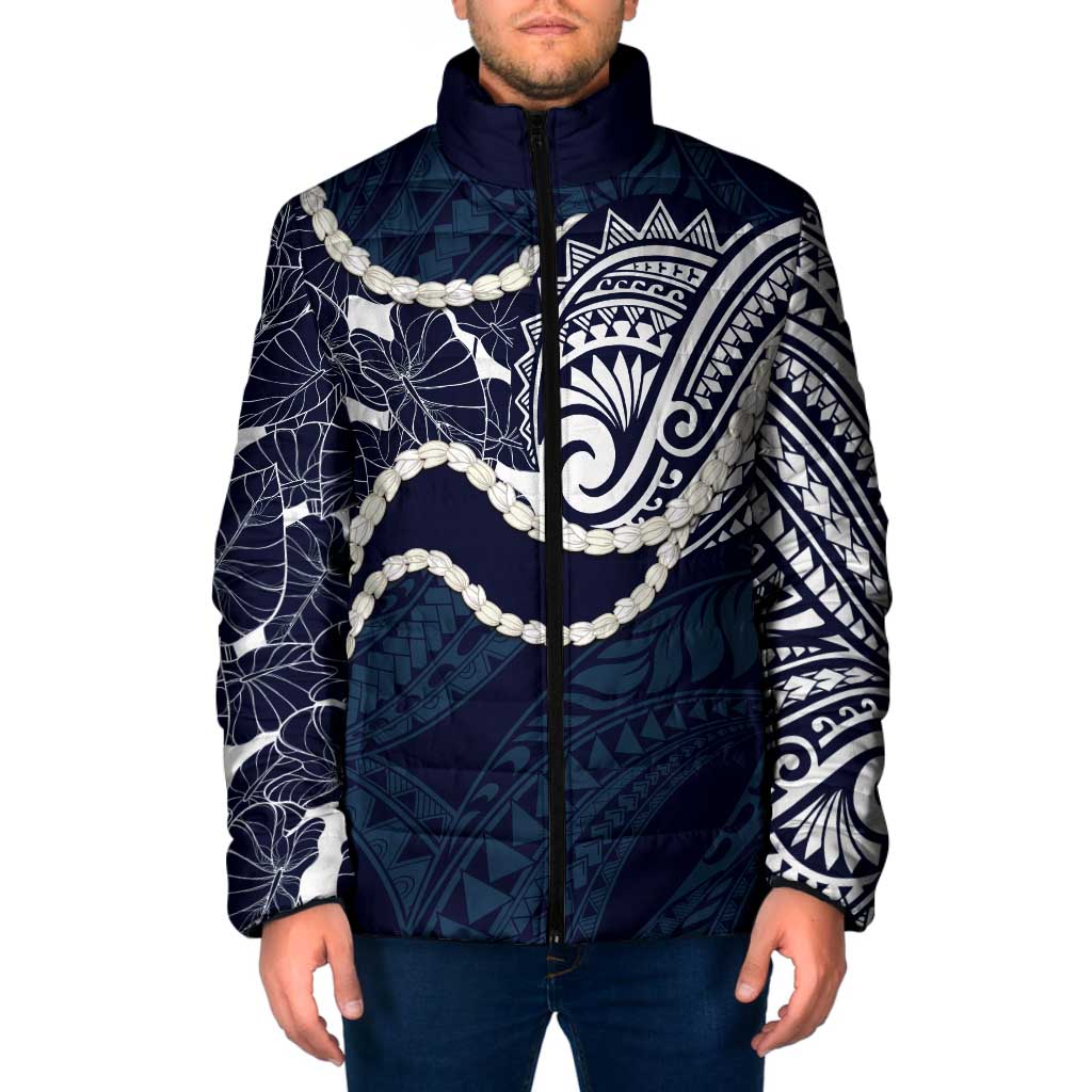 Aloha Hawaii Kalo Pikake Lei Padded Jacket Chest Tattoo Oxford Blue Hawaiian Pattern
