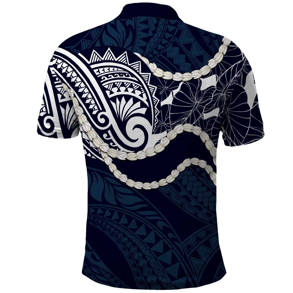 Aloha Hawaii Kalo Pikake Lei Polo Shirt Chest Tattoo Oxford Blue Hawaiian Pattern