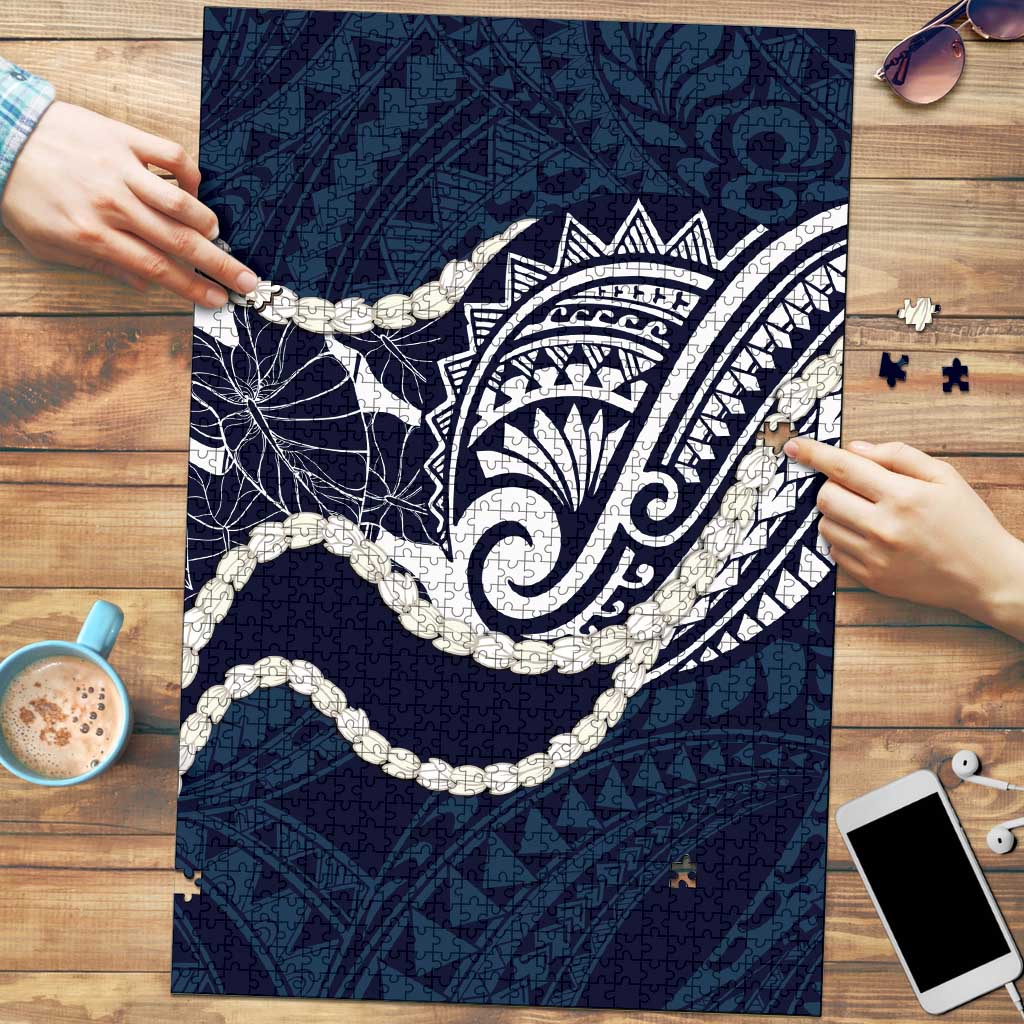 Aloha Hawaii Kalo Pikake Lei Puzzle Chest Tattoo Oxford Blue Hawaiian Pattern