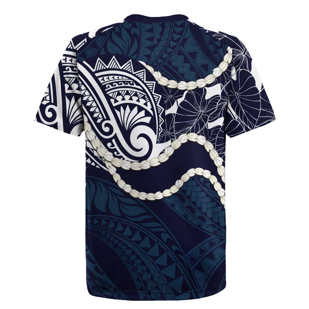Aloha Hawaii Kalo Pikake Lei Rugby Jersey Chest Tattoo Oxford Blue Hawaiian Pattern