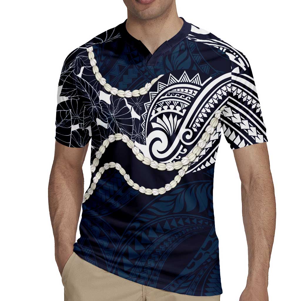 Aloha Hawaii Kalo Pikake Lei Rugby Jersey Chest Tattoo Oxford Blue Hawaiian Pattern