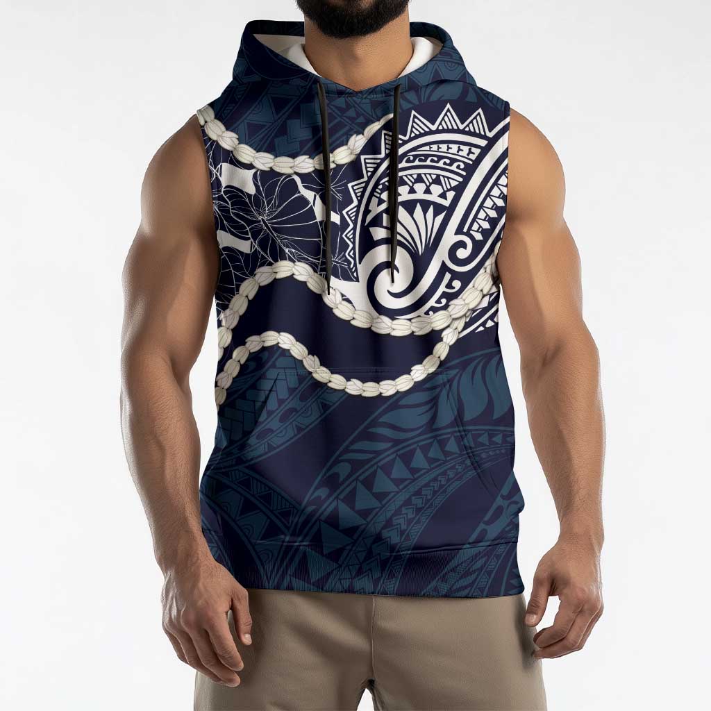 Aloha Hawaii Kalo Pikake Lei Sleeveless Hoodie Chest Tattoo Oxford Blue Hawaiian Pattern