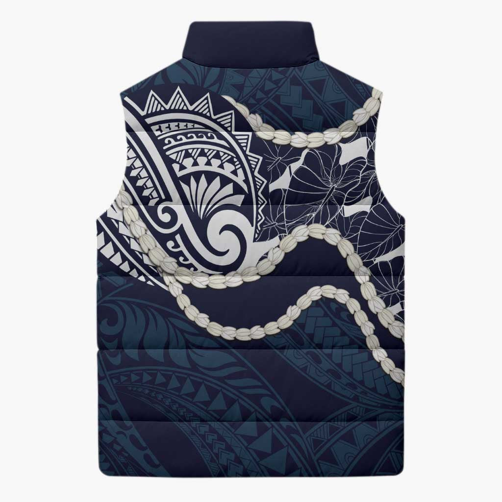 Aloha Hawaii Kalo Pikake Lei Sleeveless Puffer Jacket Chest Tattoo Oxford Blue Hawaiian Pattern