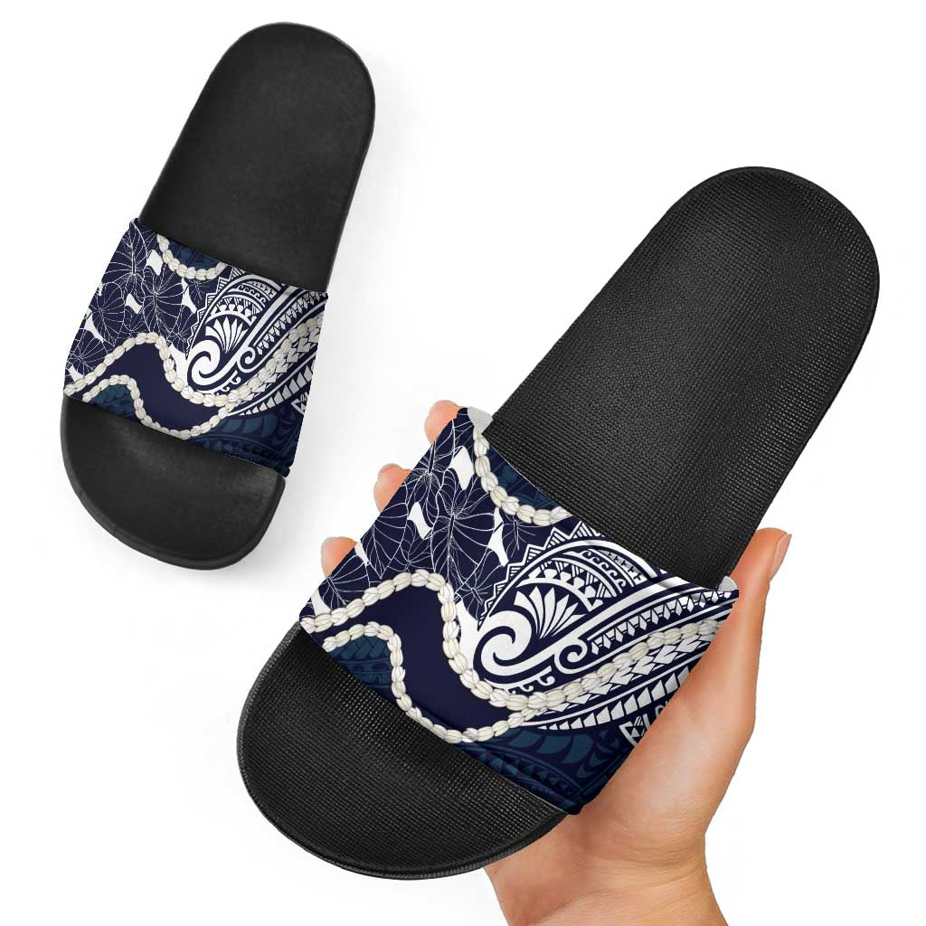 Aloha Hawaii Kalo Pikake Lei Slide Sandals Chest Tattoo Oxford Blue Hawaiian Pattern