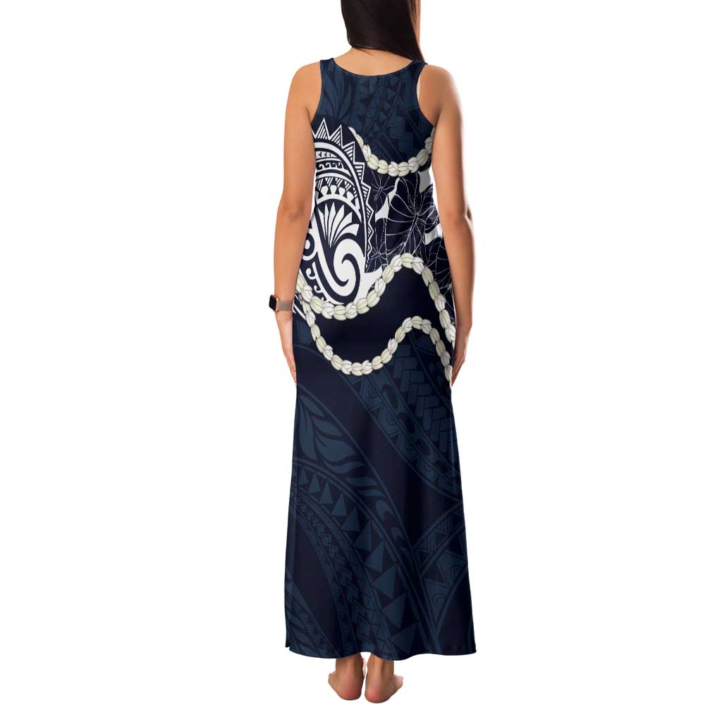 Aloha Hawaii Kalo Pikake Lei Tank Maxi Dress Chest Tattoo Oxford Blue Hawaiian Pattern