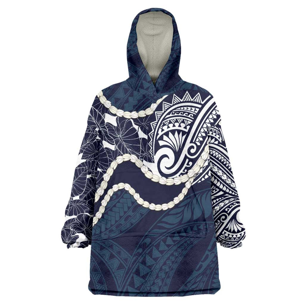 Aloha Hawaii Kalo Pikake Lei Wearable Blanket Hoodie Chest Tattoo Oxford Blue Hawaiian Pattern