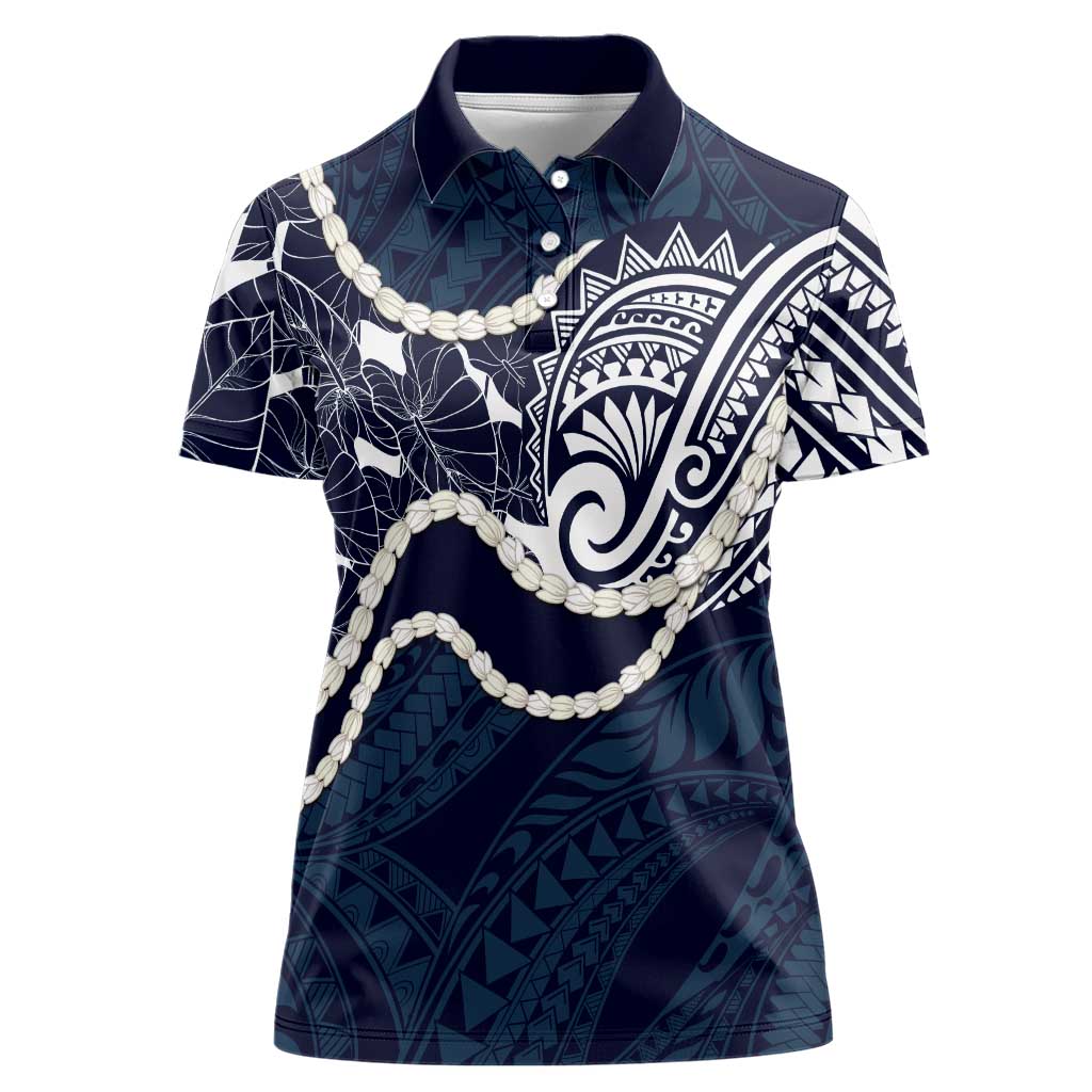 Aloha Hawaii Kalo Pikake Lei Women Polo Shirt Chest Tattoo Oxford Blue Hawaiian Pattern