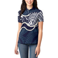 Aloha Hawaii Kalo Pikake Lei Women Polo Shirt Chest Tattoo Oxford Blue Hawaiian Pattern