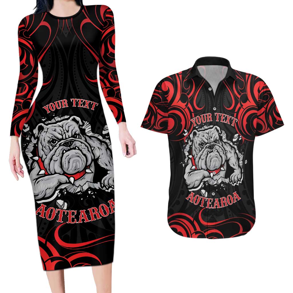 Personalised Aotearoa Bulldog Couples Matching Long Sleeve Bodycon Dress and Hawaiian Shirt NZ Maori Tattoo LT14 Red - Polynesian Pride