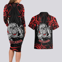 Personalised Aotearoa Bulldog Couples Matching Long Sleeve Bodycon Dress and Hawaiian Shirt NZ Maori Tattoo LT14 - Polynesian Pride