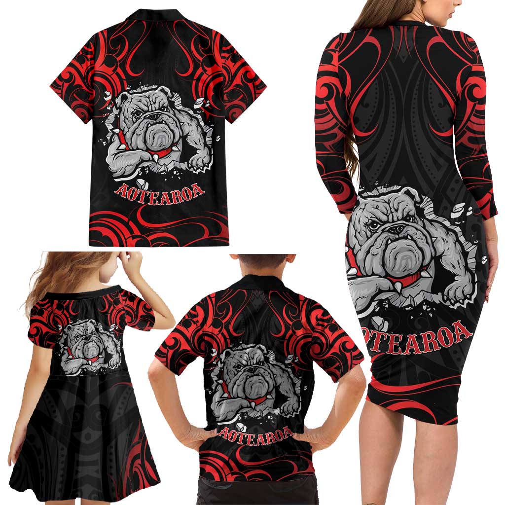 Personalised Aotearoa Bulldog Family Matching Long Sleeve Bodycon Dress and Hawaiian Shirt NZ Maori Tattoo LT14 - Polynesian Pride
