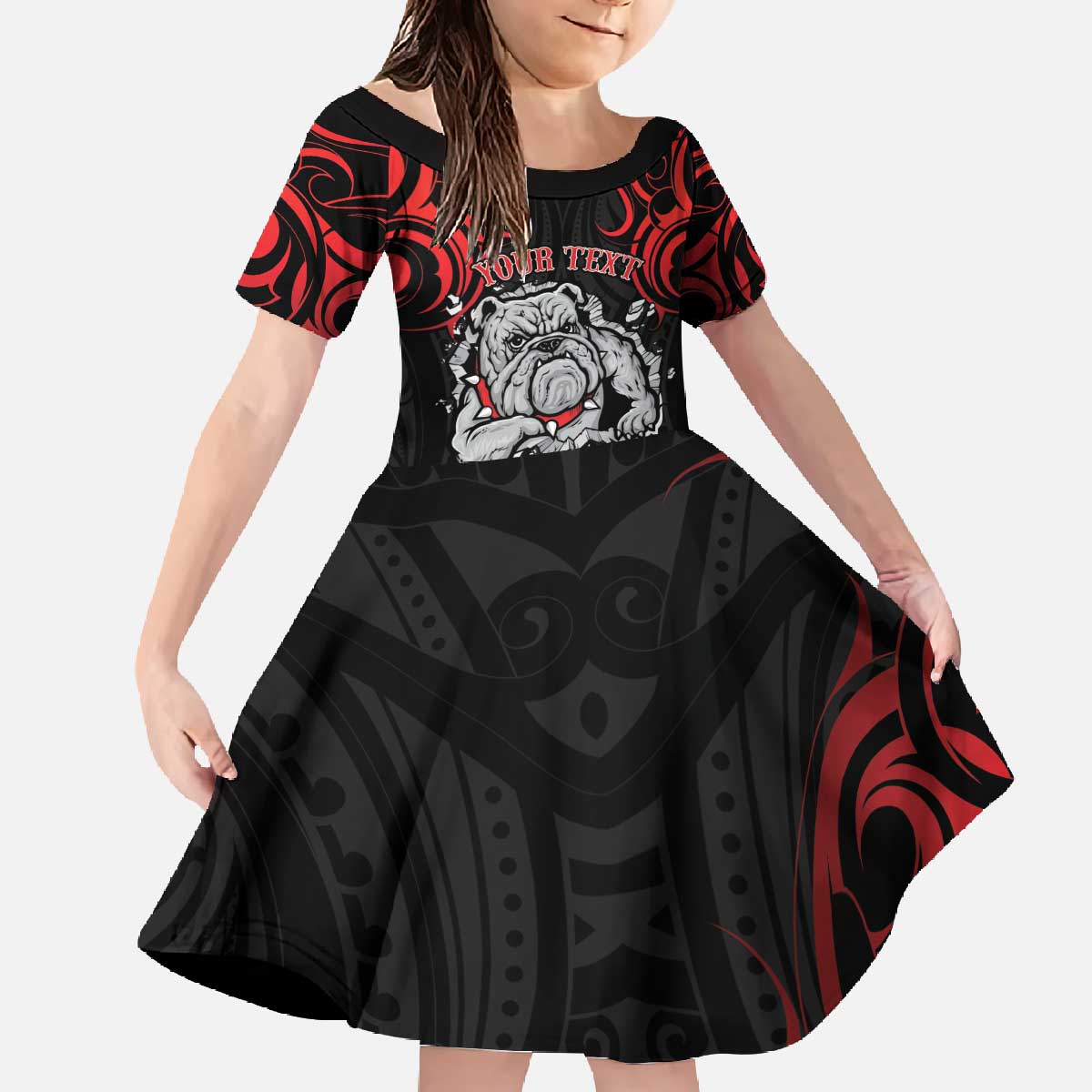 Personalised Aotearoa Bulldog Family Matching Off The Shoulder Long Sleeve Dress and Hawaiian Shirt NZ Maori Tattoo LT14 Daughter's Dress Red - Polynesian Pride