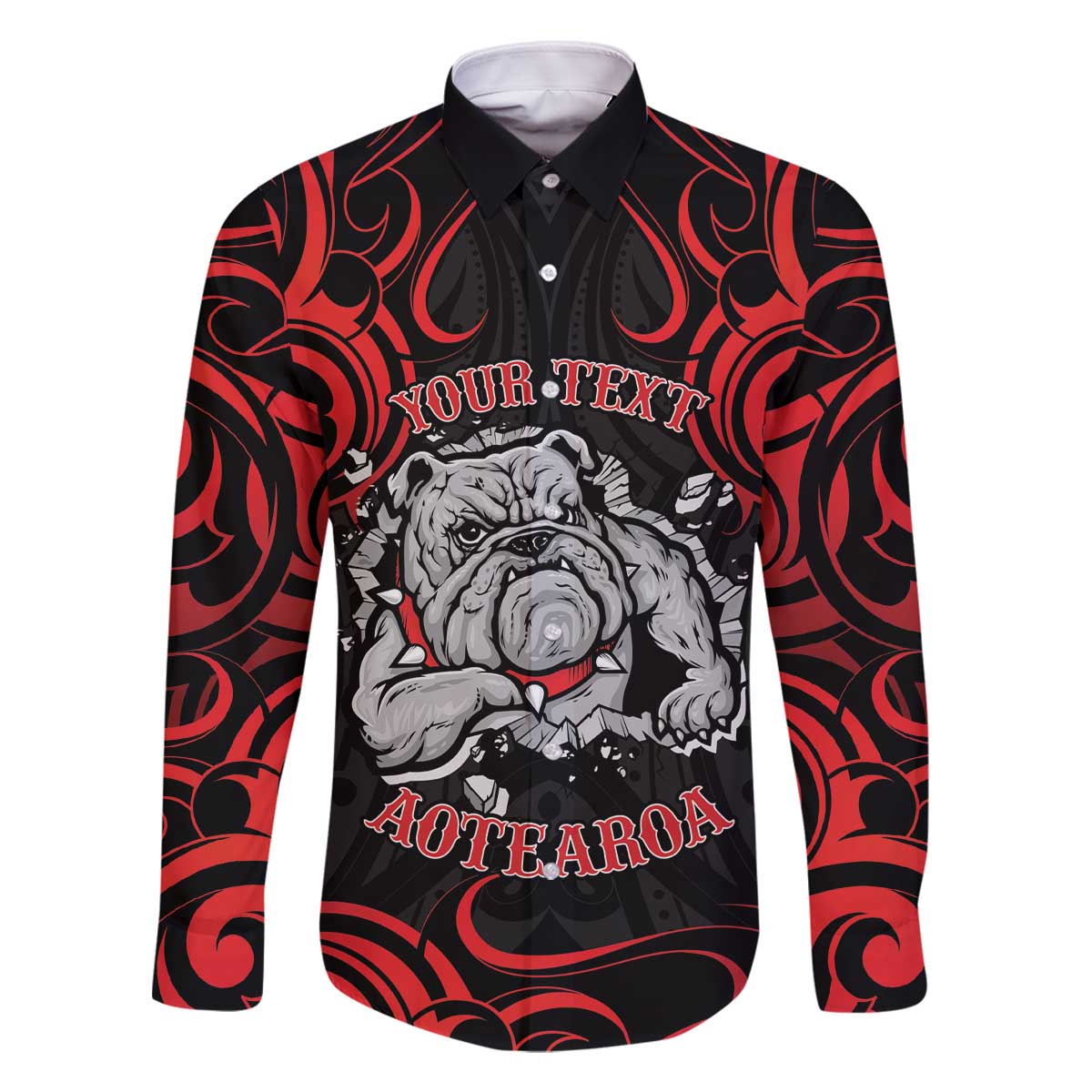 Personalised Aotearoa Bulldog Family Matching Off The Shoulder Long Sleeve Dress and Hawaiian Shirt NZ Maori Tattoo LT14 Dad's Shirt - Long Sleeve Red - Polynesian Pride