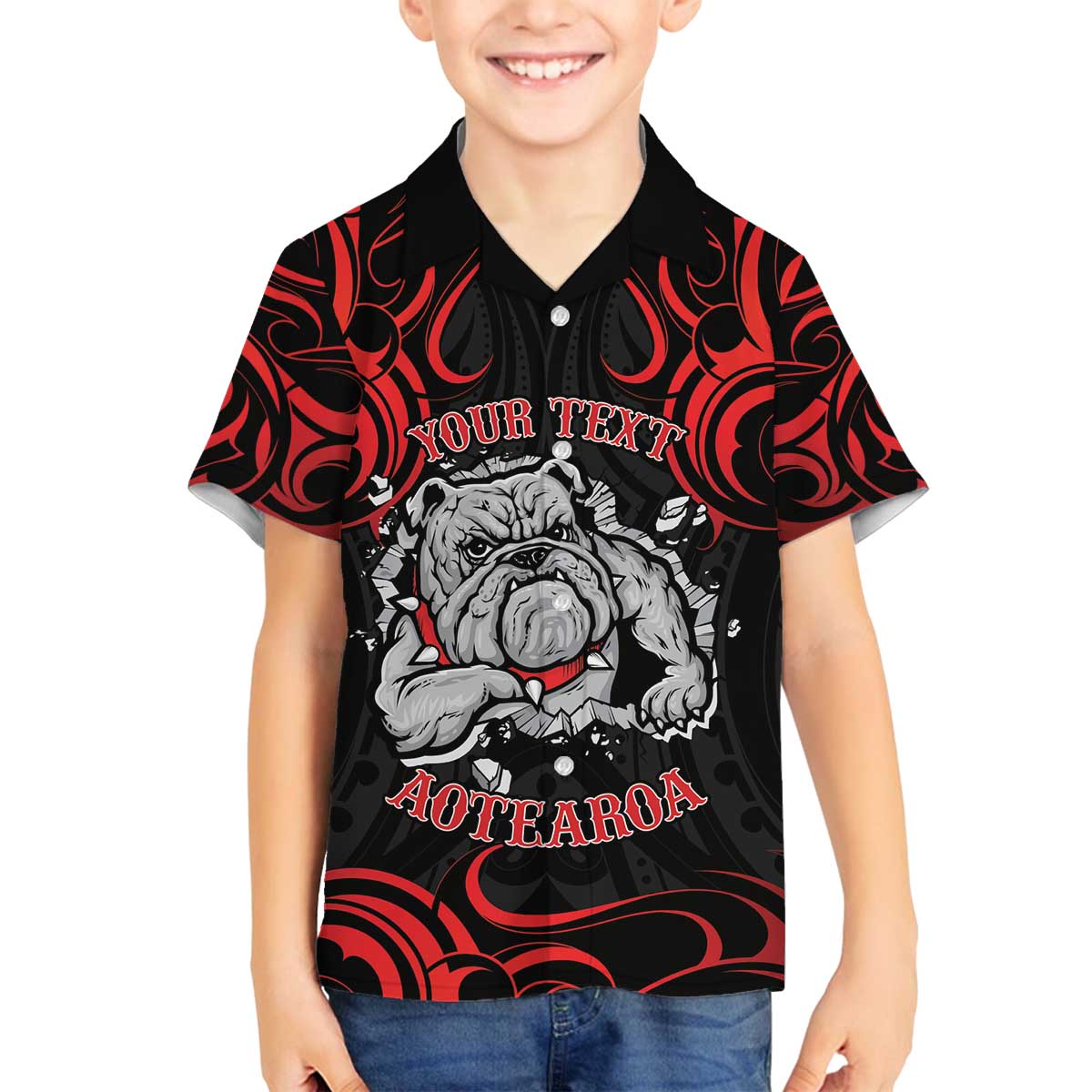 Personalised Aotearoa Bulldog Family Matching Off The Shoulder Long Sleeve Dress and Hawaiian Shirt NZ Maori Tattoo LT14 Son's Shirt Red - Polynesian Pride