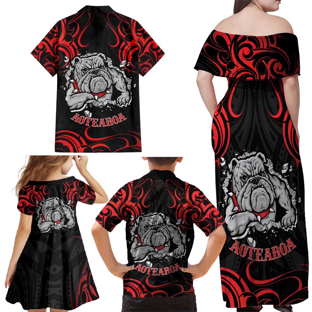 Personalised Aotearoa Bulldog Family Matching Off Shoulder Maxi Dress and Hawaiian Shirt NZ Maori Tattoo LT14 - Polynesian Pride