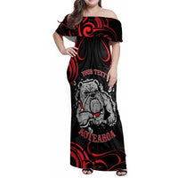 Personalised Aotearoa Bulldog Family Matching Off Shoulder Maxi Dress and Hawaiian Shirt NZ Maori Tattoo LT14 Mom's Dress Red - Polynesian Pride