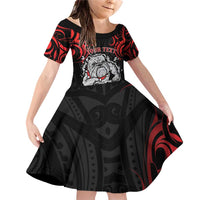 Personalised Aotearoa Bulldog Family Matching Off Shoulder Short Dress and Hawaiian Shirt NZ Maori Tattoo LT14 Daughter's Dress Red - Polynesian Pride