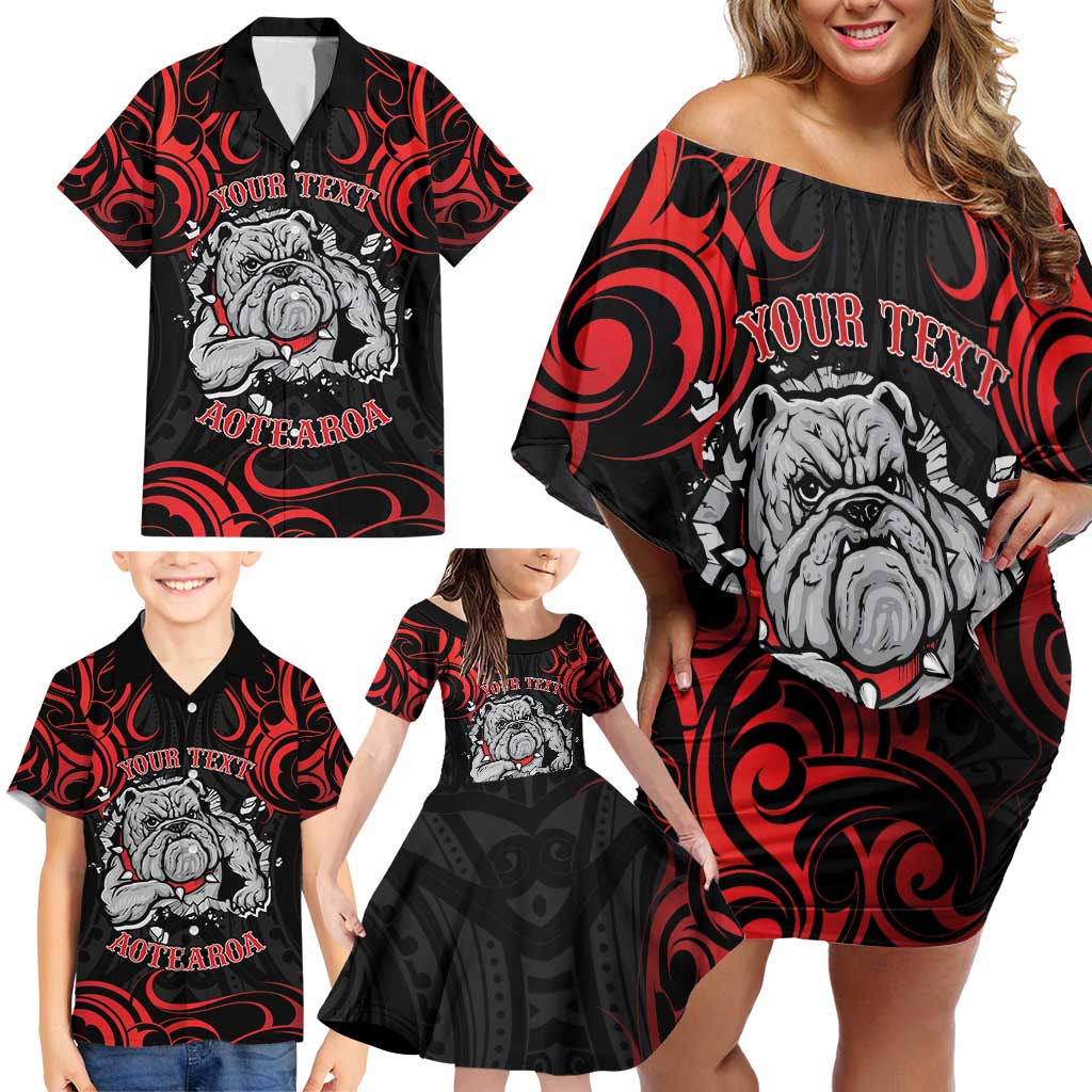 Personalised Aotearoa Bulldog Family Matching Off Shoulder Short Dress and Hawaiian Shirt NZ Maori Tattoo LT14 - Polynesian Pride