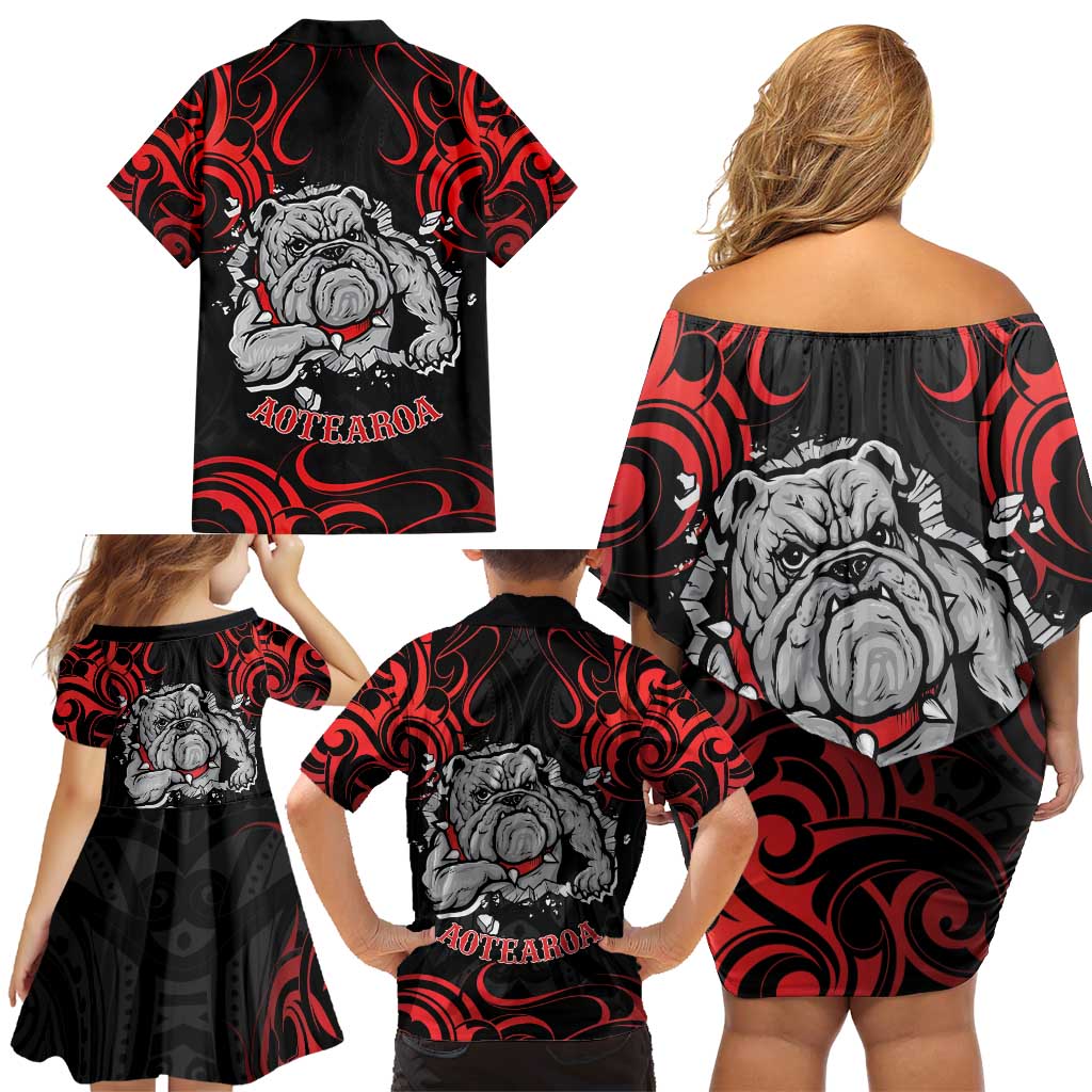 Personalised Aotearoa Bulldog Family Matching Off Shoulder Short Dress and Hawaiian Shirt NZ Maori Tattoo LT14 - Polynesian Pride