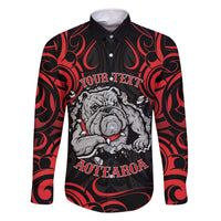 Personalised Aotearoa Bulldog Family Matching Off Shoulder Short Dress and Hawaiian Shirt NZ Maori Tattoo LT14 Dad's Shirt - Long Sleeve Red - Polynesian Pride