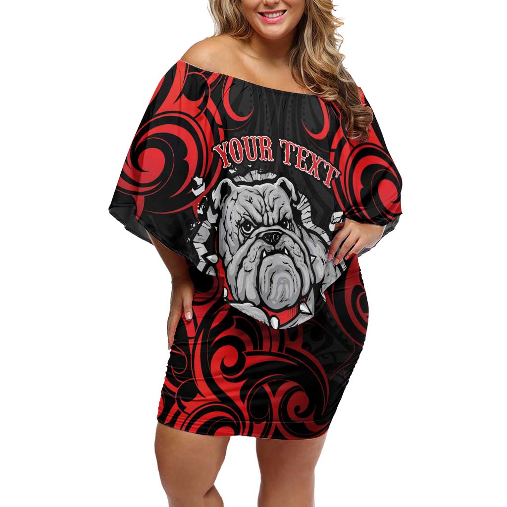 Personalised Aotearoa Bulldog Family Matching Off Shoulder Short Dress and Hawaiian Shirt NZ Maori Tattoo LT14 Mom's Dress Red - Polynesian Pride