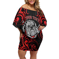 Personalised Aotearoa Bulldog Family Matching Off Shoulder Short Dress and Hawaiian Shirt NZ Maori Tattoo LT14 Mom's Dress Red - Polynesian Pride