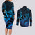 Blue Aloha Hawaii Couples Matching Long Sleeve Bodycon Dress and Long Sleeve Button Shirt Snorkeling With Sea Turtle Polynesian Pattern