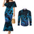 Blue Aloha Hawaii Couples Matching Mermaid Dress and Long Sleeve Button Shirt Snorkeling With Sea Turtle Polynesian Pattern