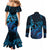Blue Aloha Hawaii Couples Matching Mermaid Dress and Long Sleeve Button Shirt Snorkeling With Sea Turtle Polynesian Pattern