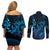 Blue Aloha Hawaii Couples Matching Off Shoulder Short Dress and Long Sleeve Button Shirt Snorkeling With Sea Turtle Polynesian Pattern