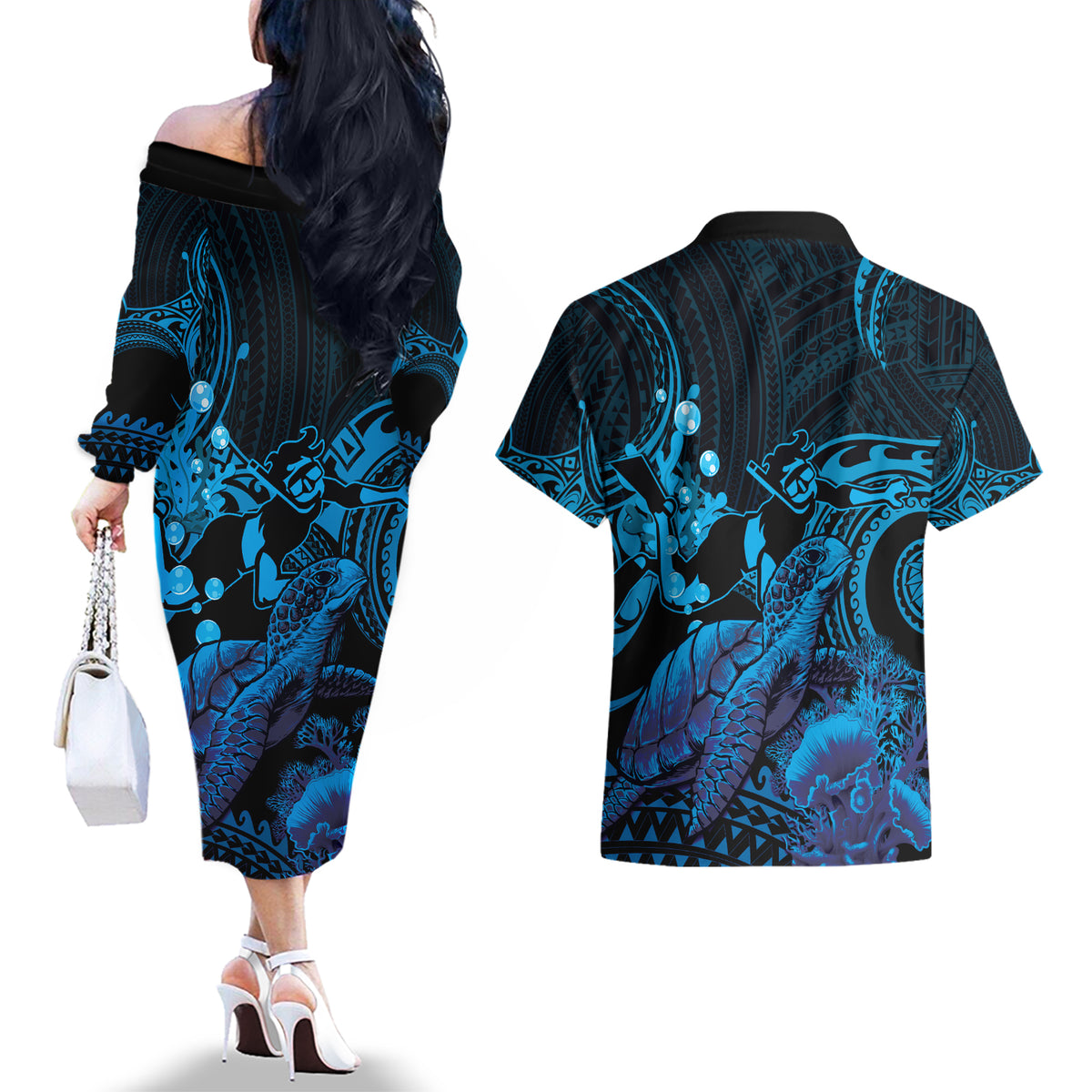Blue Aloha Hawaii Couples Matching Off The Shoulder Long Sleeve Dress and Hawaiian Shirt Snorkeling With Sea Turtle Polynesian Pattern