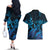 Blue Aloha Hawaii Couples Matching Off The Shoulder Long Sleeve Dress and Hawaiian Shirt Snorkeling With Sea Turtle Polynesian Pattern